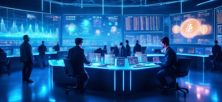 A futuristic digital trading floor bathed in a soft blue light, with holographic charts and graphs displaying various cryptocurrency trends. Traders are using advanced technology to analyze data, with some wearing AR glasses and others typing on transparent touchscreens. In the background, there are symbols of popular cryptocurrencies like Bitcoin, Ethereum, and Ripple, glowing and floating in mid-air. The atmosphere is dynamic, with a mix of seriousness and excitement.
