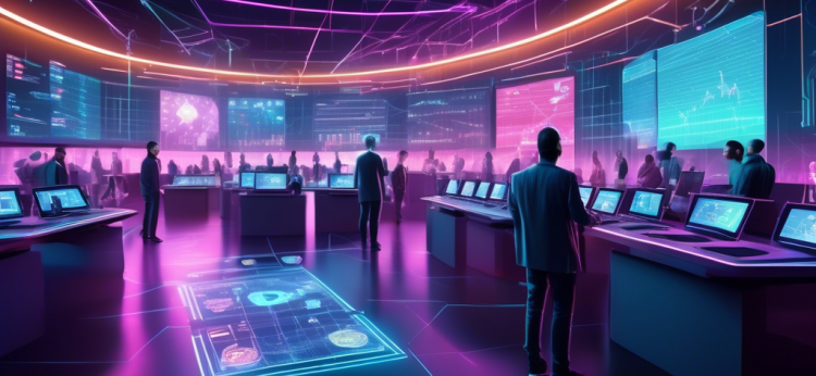 Create an image of a futuristic, holographic trading floor where people are trading digital currencies. The scene should include vibrant LED screens displaying various crypto symbols like Bitcoin, Ethereum, and other altcoins, showcasing charts and trends. Include diverse individuals using advanced tech gadgets like augmented reality glasses and computer tablets. Highlight key features like security, user interface, and diverse trading options depicted through digital icons and floating statistics. The setting should evoke a sense of cutting-edge technology, financial expertise, and dynamic trading activity.