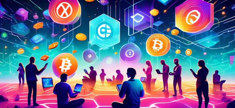 Create an image of a futuristic, colorful digital landscape with people using various devices like smartphones, tablets, and laptops. Each device screen displays different popular free crypto mining apps. The background features glowing digital currency symbols floating around, representing the various cryptocurrencies being mined. The scene should evoke a sense of technology, innovation, and the accessibility of earning digital currency.