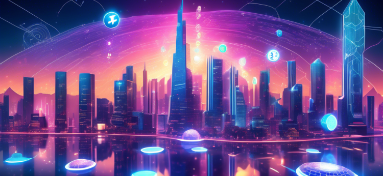 Create a digital illustration of a futuristic crypto cityscape, with prominent holographic symbols representing top cryptocurrencies like Bitcoin, Ethereum, and others from 2022. The skyline should feature modern skyscrapers and advanced technology, highlighting the thriving and innovative nature of the cryptocurrency market. Include elements like digital coins floating in the sky and people engaging in crypto trading using advanced devices.